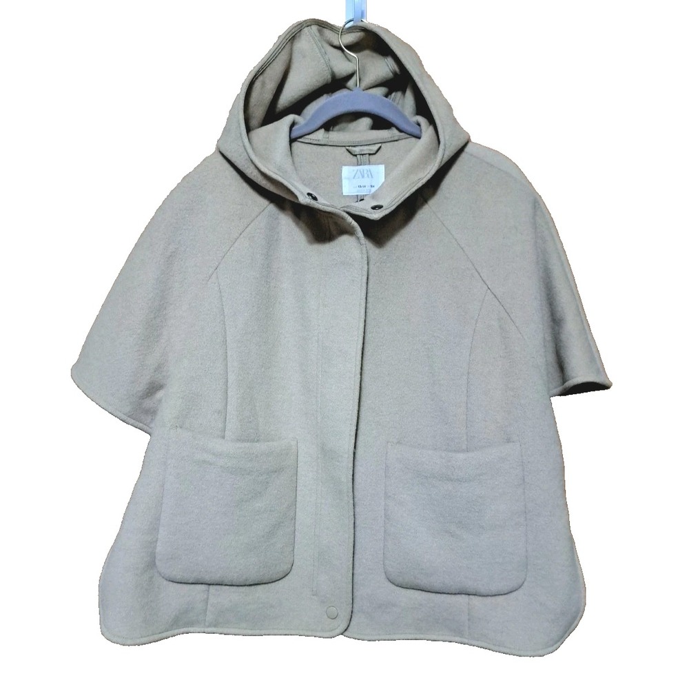 Zara Girl's Wool Blend Beige Hooded Zip Up Poncho Capa Jacket Size 13-14 , 164